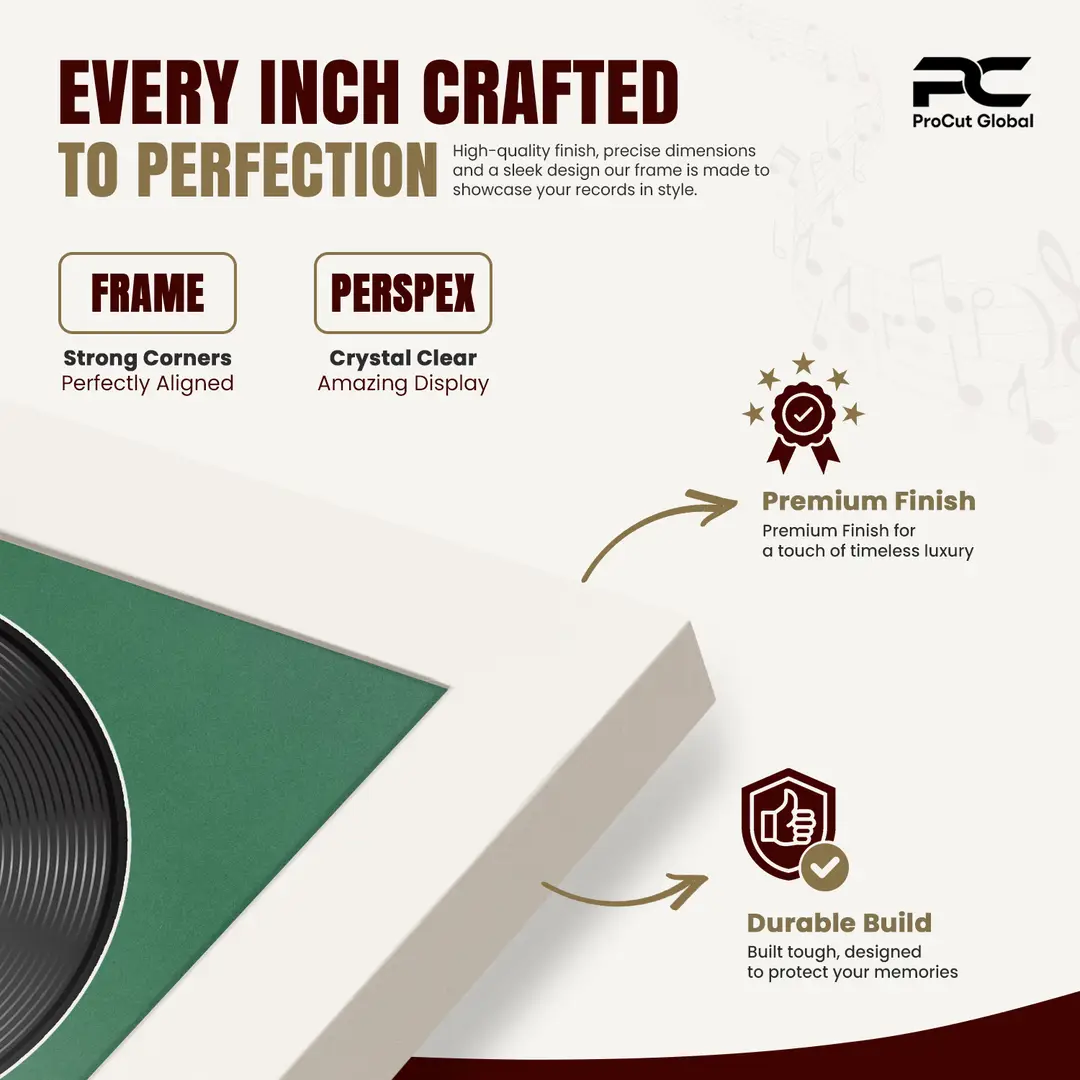 30x17" Modern Sleek White Vinyl Record Frame With Emerald (Green) Mount | Side by Side 12" LP Cover & Disc Display thumbnail 7