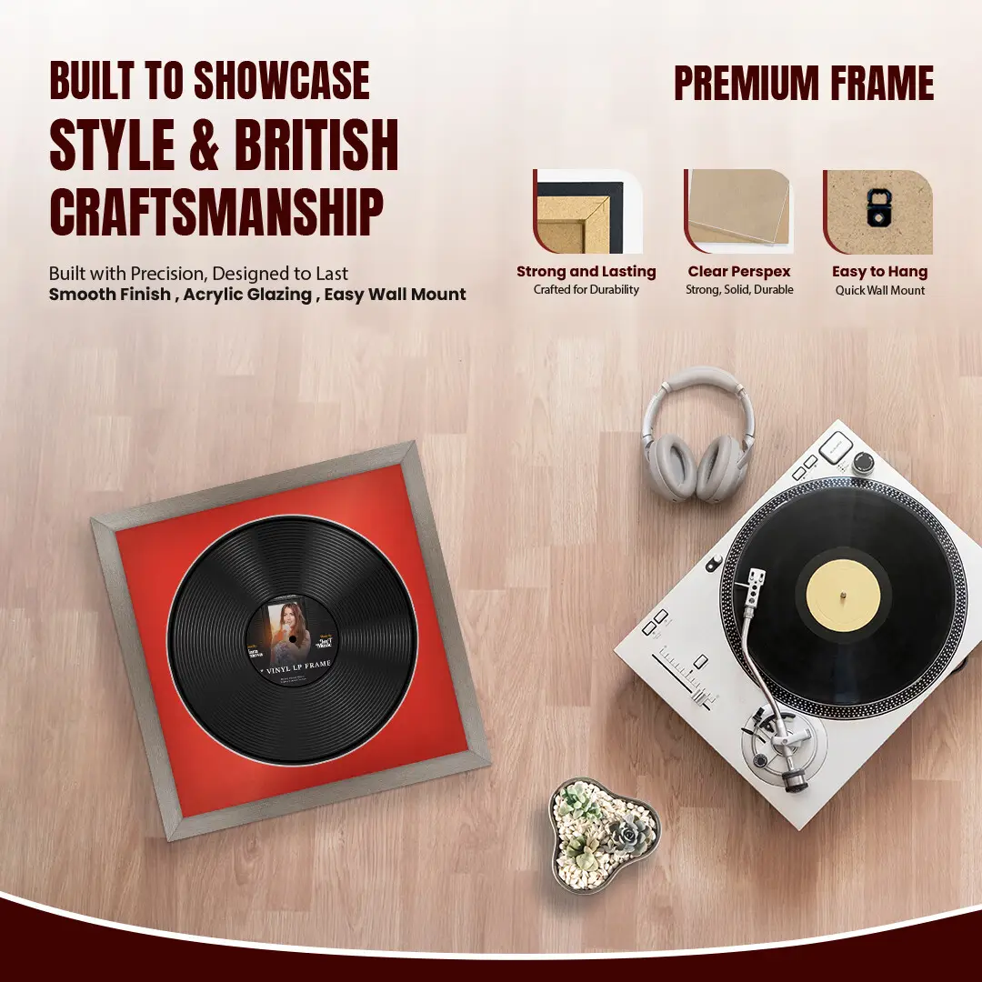 16x16" Modern Aluminium Vinyl Record Frame With Poppy Red Mount For 12" LP Discs | Elegant Frame For Music Lovers thumbnail 2
