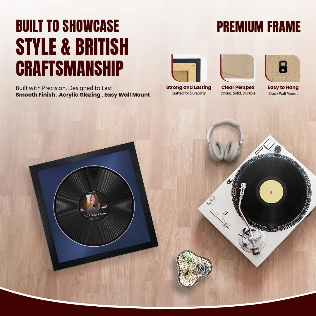 16x16" Modern Black Vinyl Record Frame With Blue Mount For 12" LP Discs | Contemporary Wall Display thumbnail 2