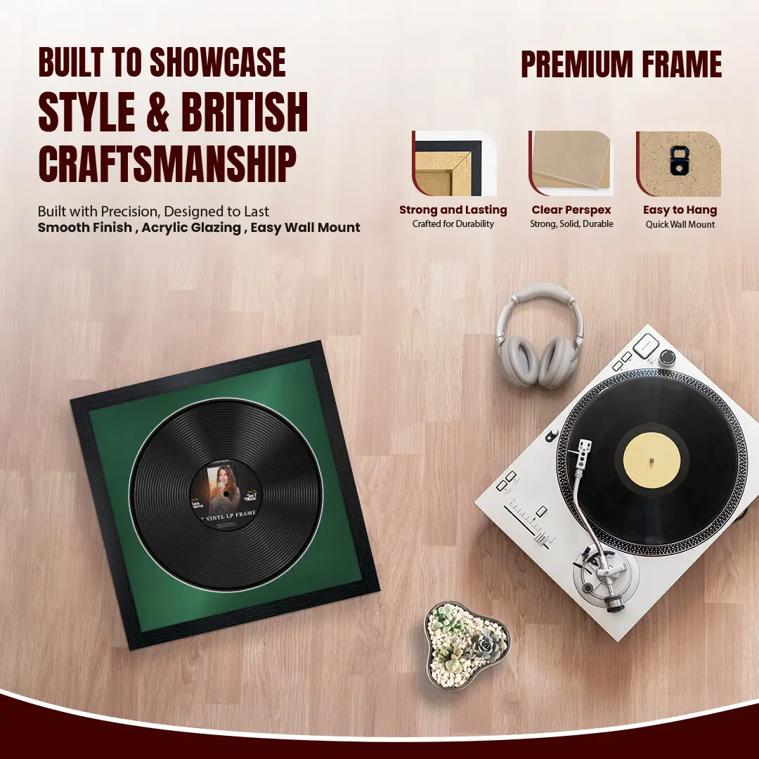 16x16" Modern Black Vinyl Record Frame With Emerald (Green) Mount For 12" LP Discs | Elegant Frame For Music Lovers thumbnail 2