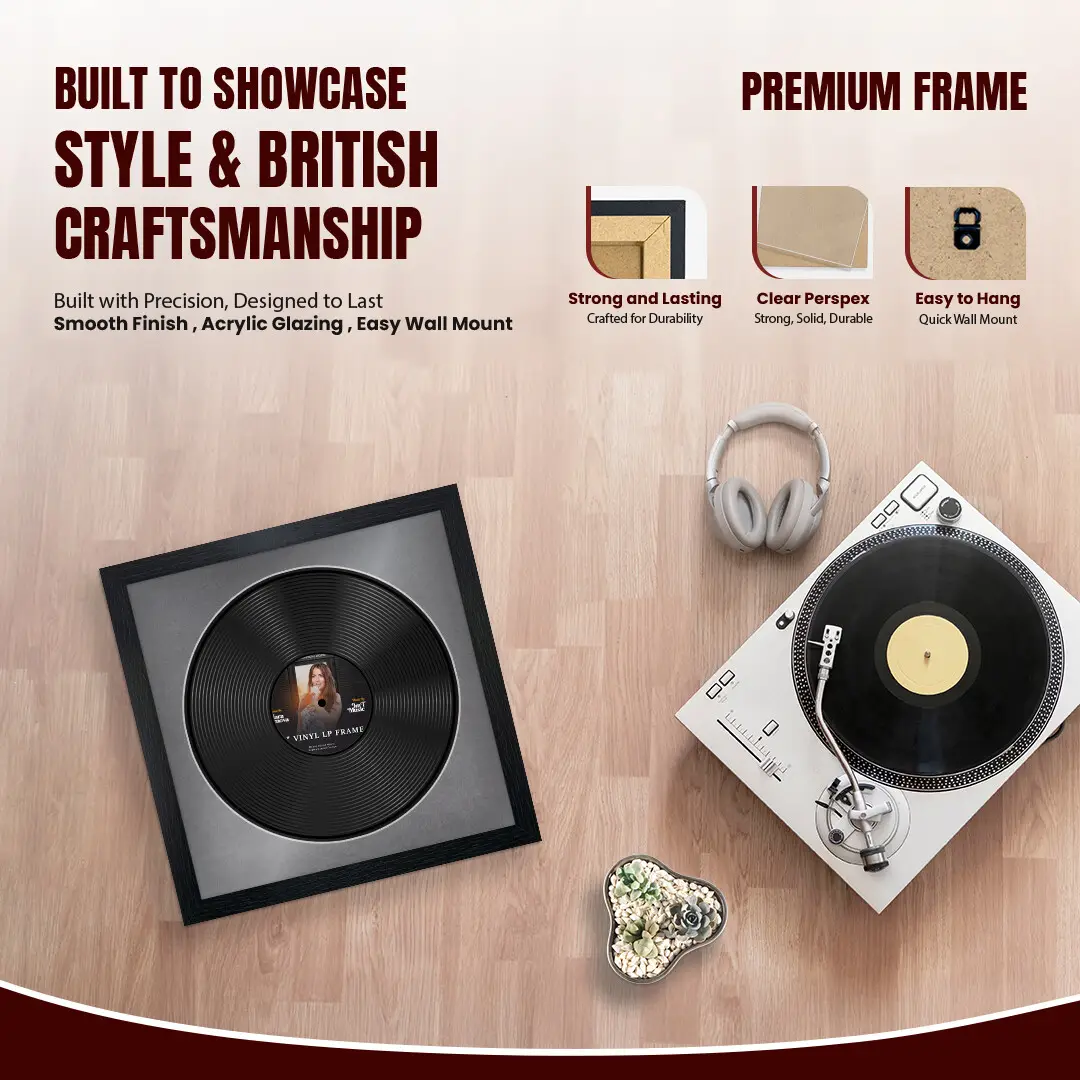 16x16" Modern Black Vinyl Record Frame With Mid Grey Mount For 12" LP Discs | Elegant Frame For Music Lovers thumbnail 2