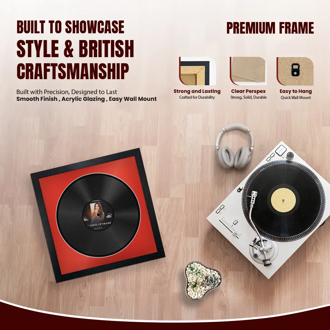 16x16" Modern Black Vinyl Record Frame With Poppy Red Mount For 12" LP Discs | Elegant Frame For Music Lovers thumbnail 2