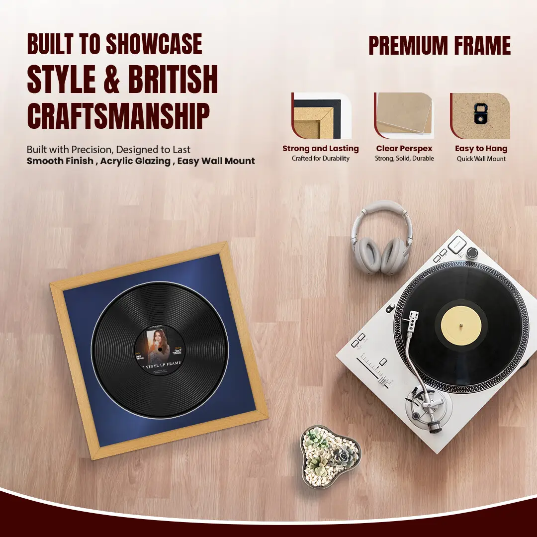 16x16" Modern Country Pine Vinyl Record Frame With Blue Mount For 12" LP Discs | Contemporary Wall Display thumbnail 2