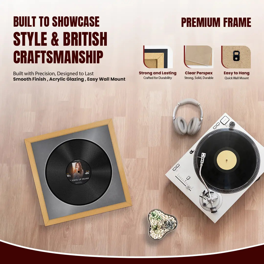 16x16" Modern Country Pine Vinyl Record Frame With Mid Grey Mount For 12" LP Discs | Elegant Frame For Music Lovers thumbnail 2