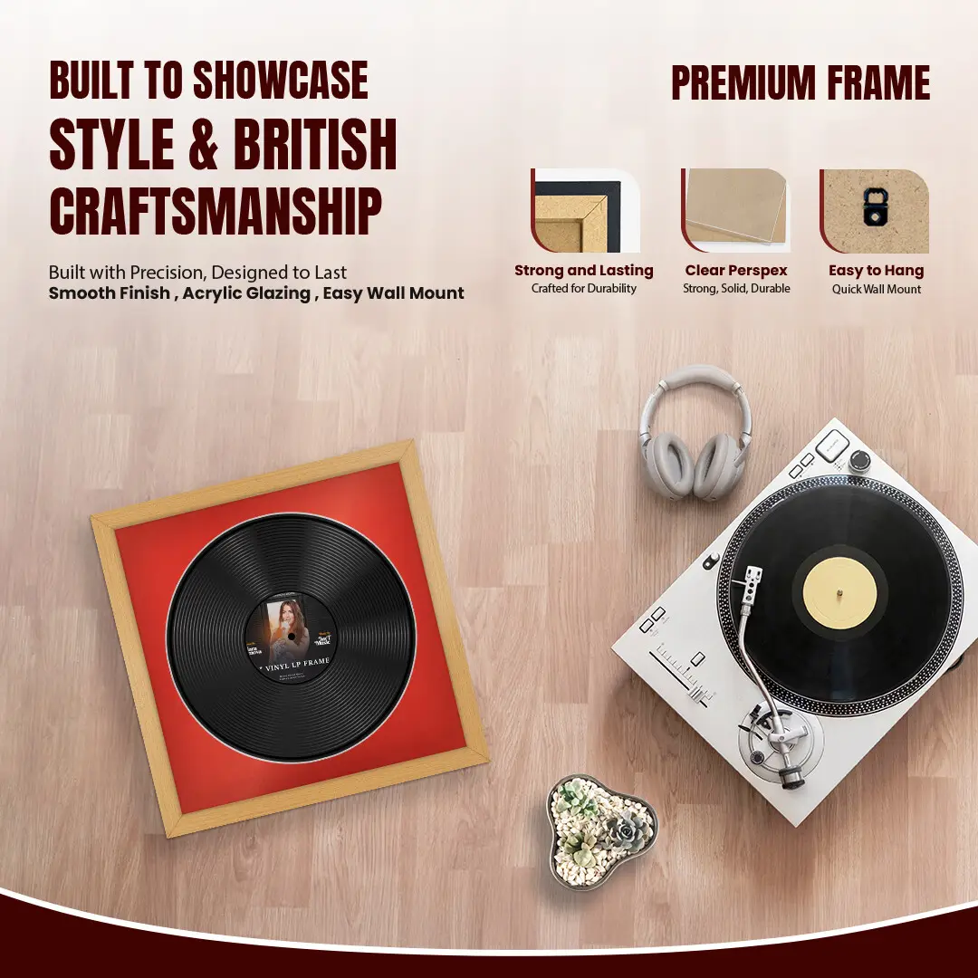 16x16" Modern Country Pine Vinyl Record Frame With Poppy Red Mount For 12" LP Discs | Contemporary Wall Display thumbnail 2