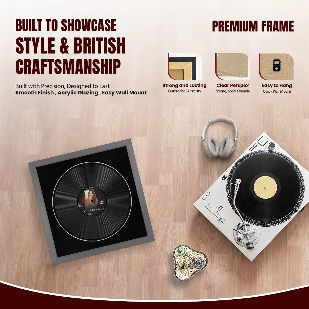 16x16" Modern Dark Grey Vinyl Record Frame With Black Mount For 12" LP Discs | Contemporary Wall Display thumbnail 2