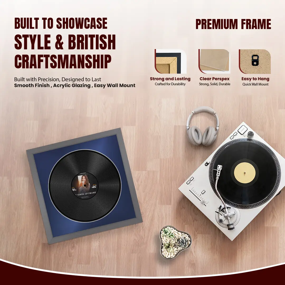 16x16" Modern Dark Grey Vinyl Record Frame With Blue Mount For 12" LP Discs | Contemporary Wall Display thumbnail 2