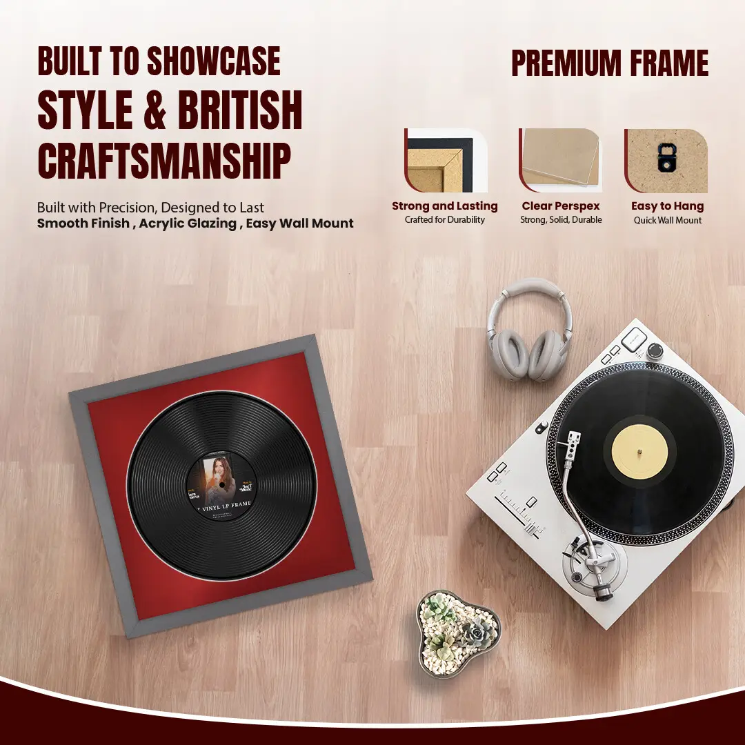 16x16" Modern Dark Grey Vinyl Record Frame With Crimson Mount For 12" LP Discs | Premium Wall Frame For Music Enthusiasts thumbnail 2