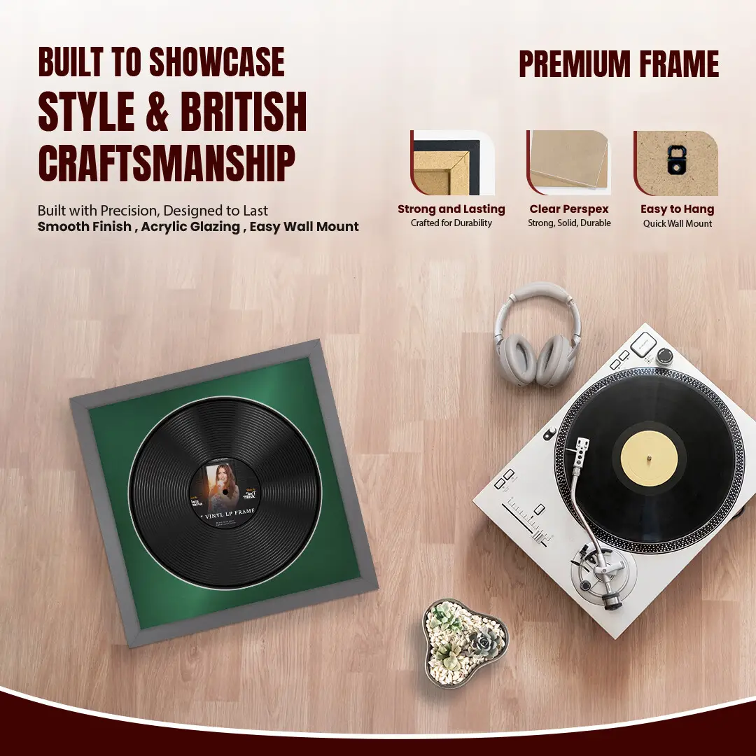 16x16" Modern Dark Grey Vinyl Record Frame With Emerald (Green) Mount For 12" LP Discs | Elegant Frame For Music Lovers thumbnail 2