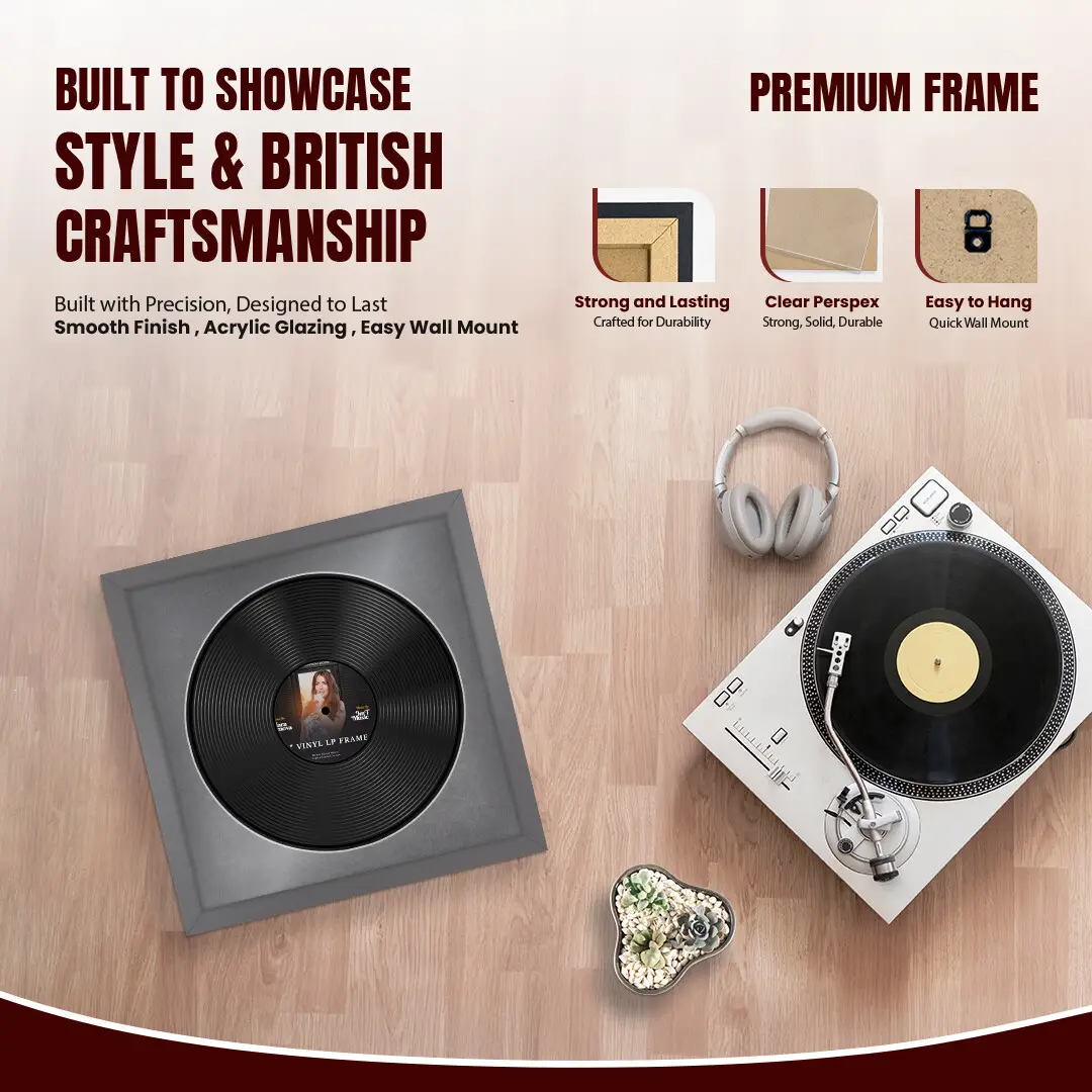 16x16" Modern Dark Grey Vinyl Record Frame With Mid Grey Mount For 12" LP Discs | Contemporary Wall Display thumbnail 2