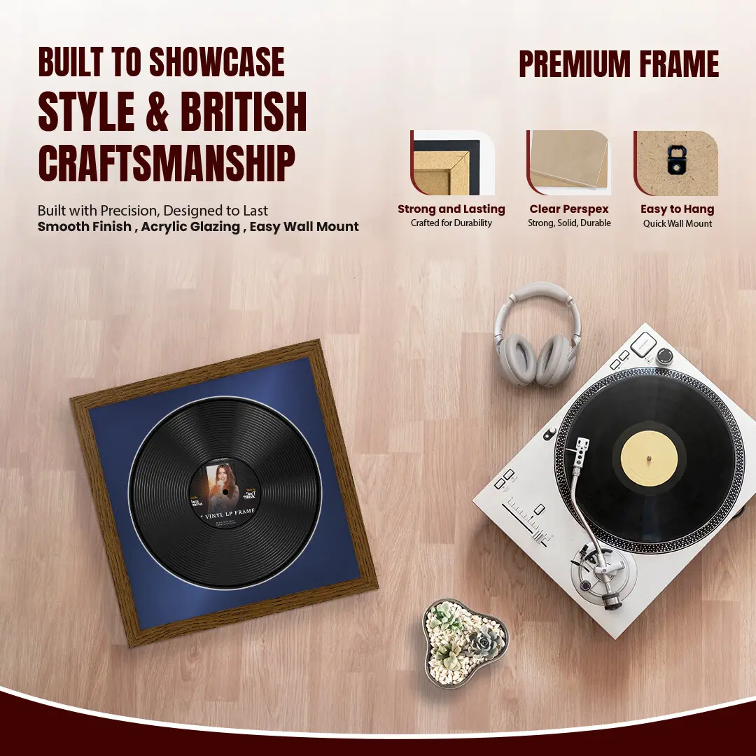 16x16" Modern Dark Oak Vinyl Record Frame With Blue Mount For 12" LP Discs | Premium Wall Frame For Music Enthusiasts thumbnail 2
