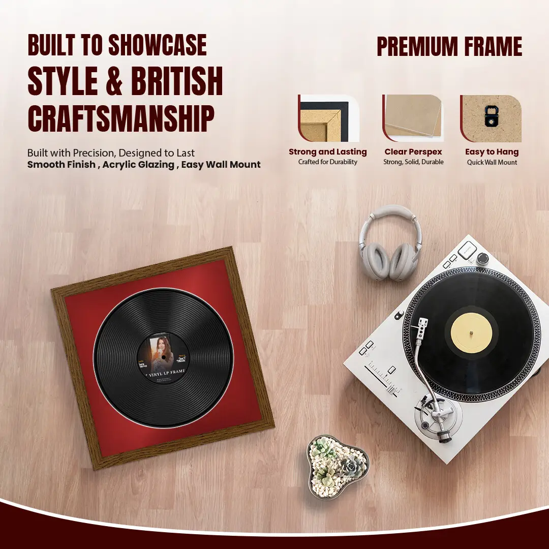 16x16" Modern Dark Oak Vinyl Record Frame With Crimson Mount For 12" LP Discs | Contemporary Wall Display thumbnail 2