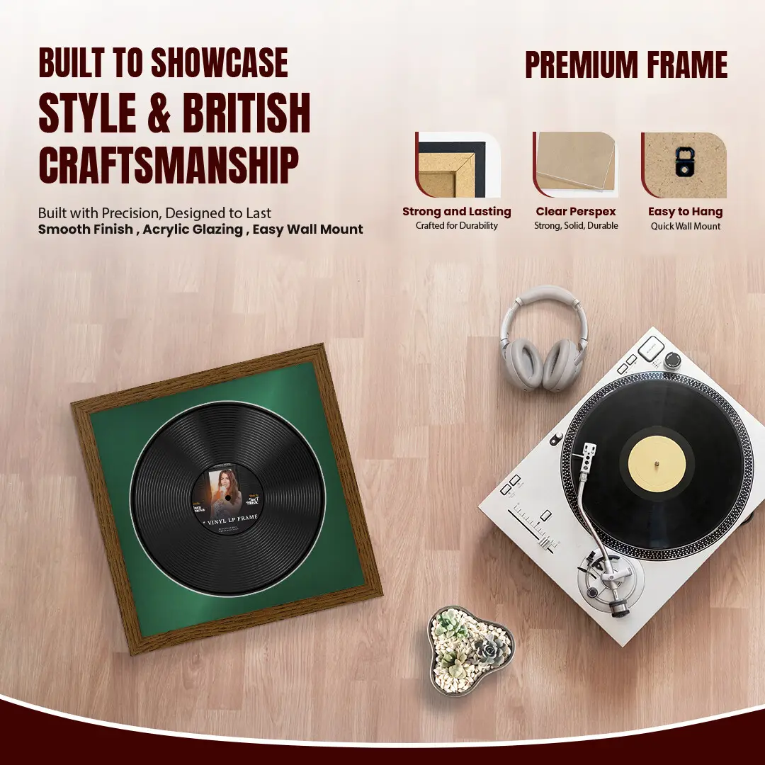 16x16" Modern Dark Oak Vinyl Record Frame With Emerald (Green) Mount For 12" LP Discs | Elegant Frame For Music Lovers thumbnail 2