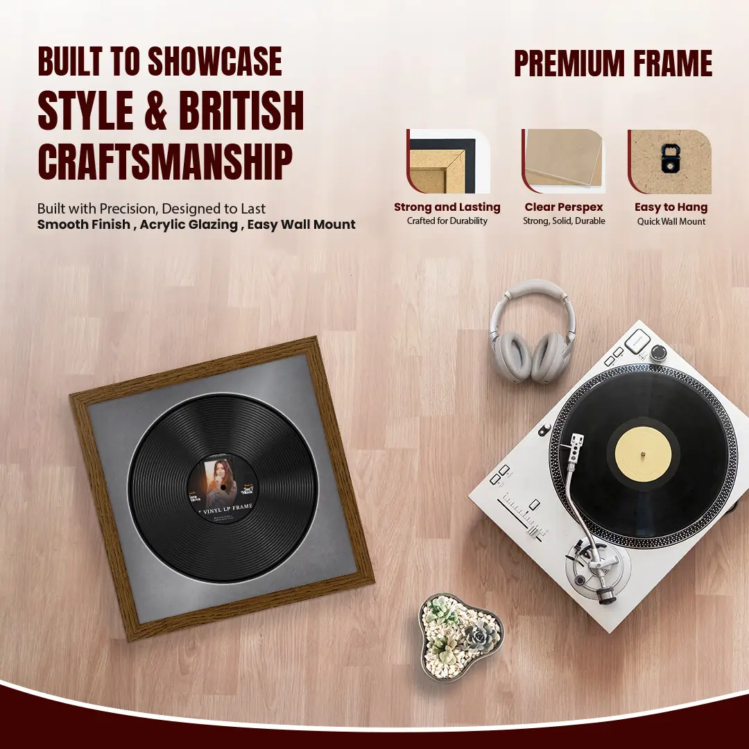 16x16" Modern Dark Oak Vinyl Record Frame With Mid Grey Mount For 12" LP Discs | Contemporary Wall Display thumbnail 2