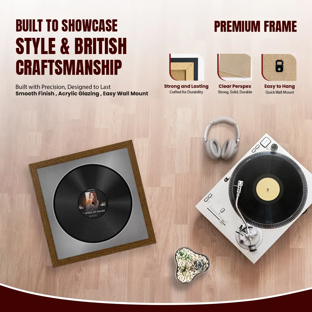 16x16" Modern Dark Oak Vinyl Record Frame With Silver Mount For 12" LP Discs | Elegant Frame For Music Lovers thumbnail 2