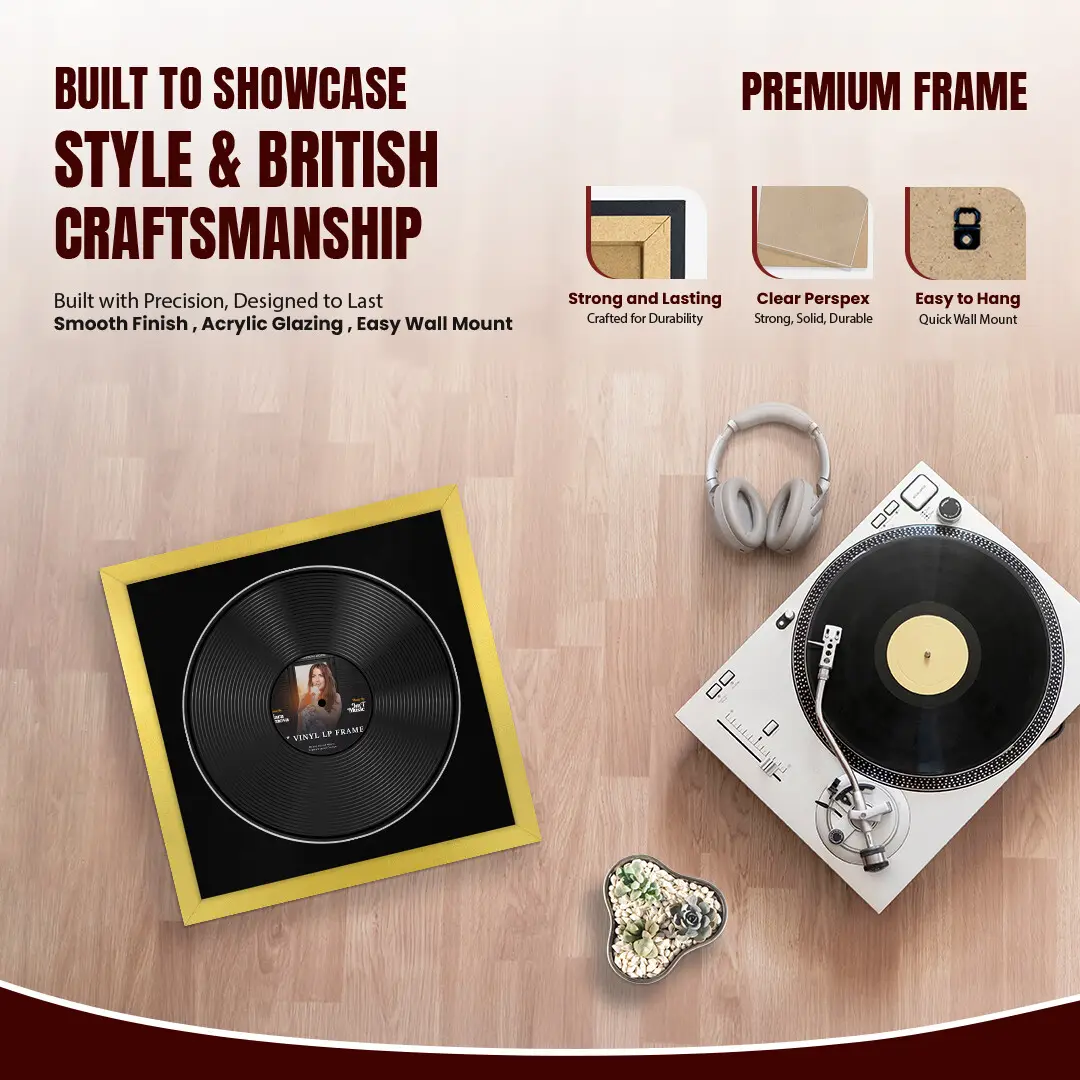 16x16" Modern Gold Vinyl Record Frame With Black Mount For 12" LP Discs | Contemporary Wall Display thumbnail 2