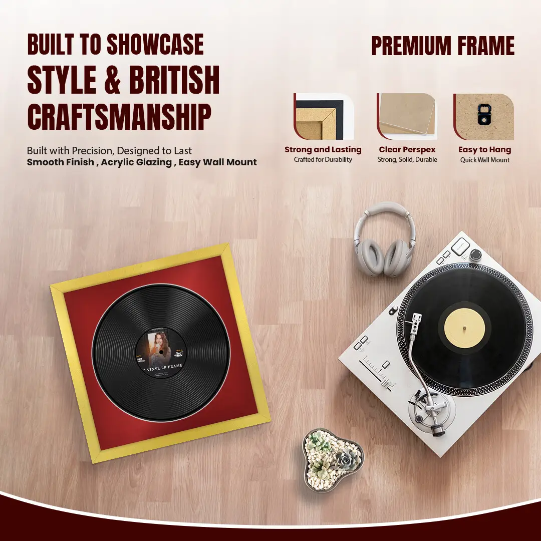 16x16" Modern Gold Vinyl Record Frame With Crimson Mount For 12" LP Discs | Contemporary Wall Display thumbnail 2