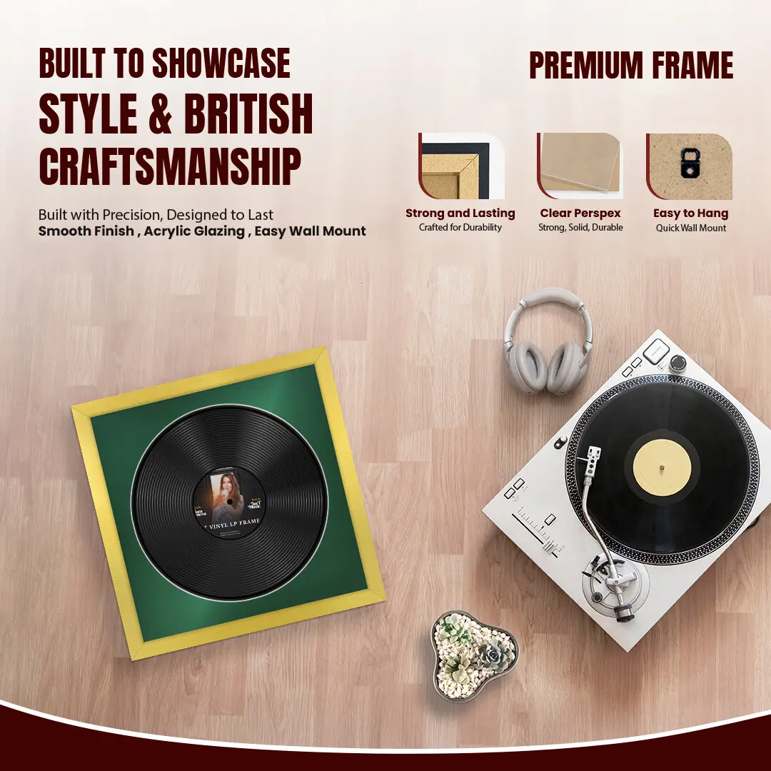 16x16" Modern Gold Vinyl Record Frame With Emerald (Green) Mount For 12" LP Discs | Elegant Frame For Music Lovers thumbnail 2