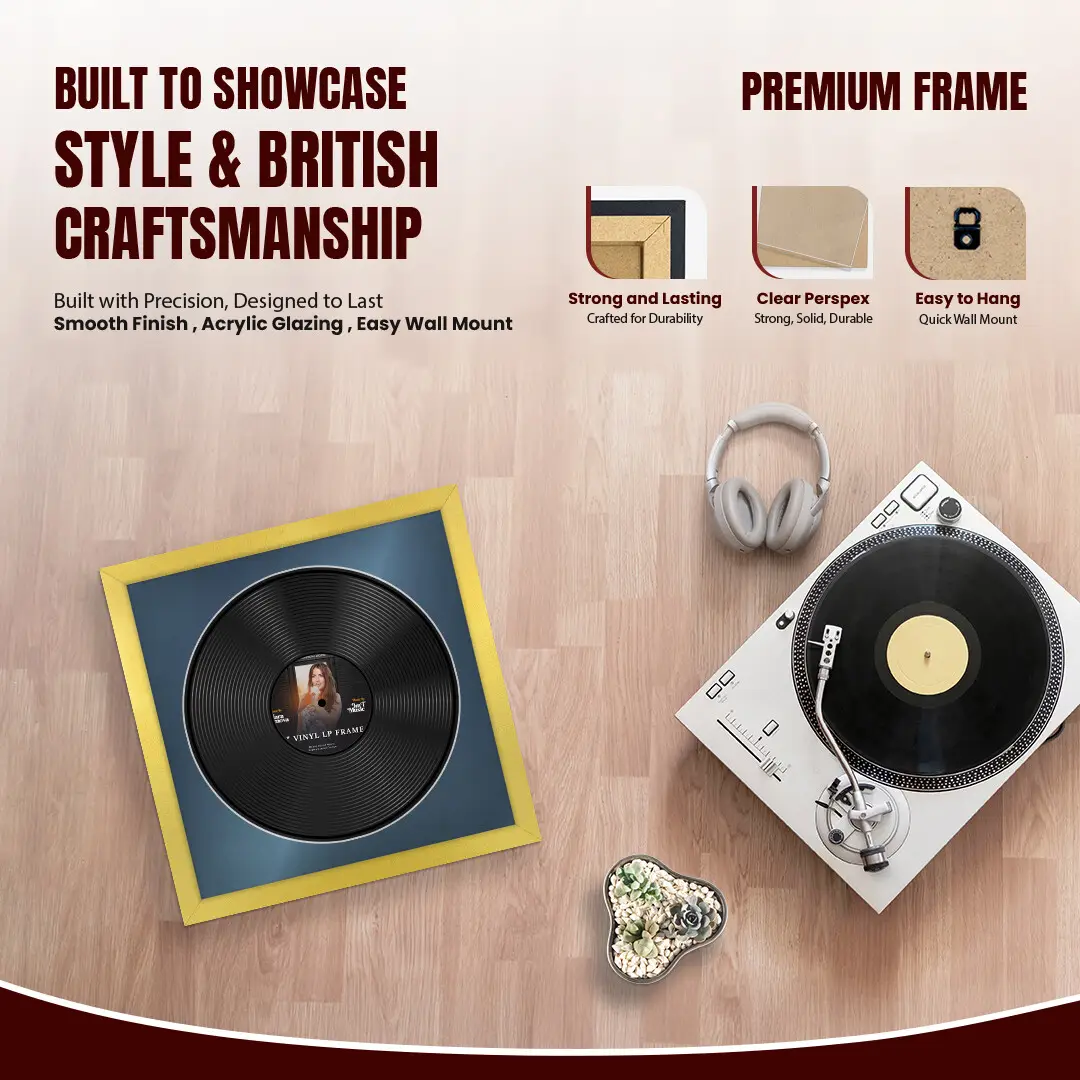 16x16" Modern Gold Vinyl Record Frame With Pompador Mount For 12" LP Discs | Contemporary Wall Display thumbnail 2