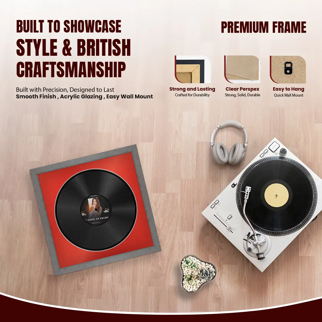 16x16" Modern Grey Marble Vinyl Record Frame With Poppy Red Mount For 12" LP Discs | Elegant Frame For Music Lovers thumbnail 2