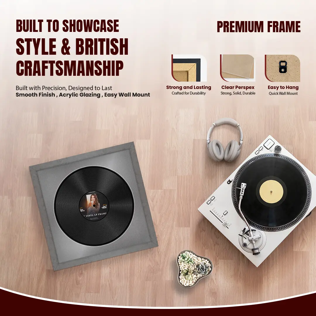 16x16" Modern Grey Marble Vinyl Record Frame With Silver Mount For 12" LP Discs | Contemporary Wall Display thumbnail 2