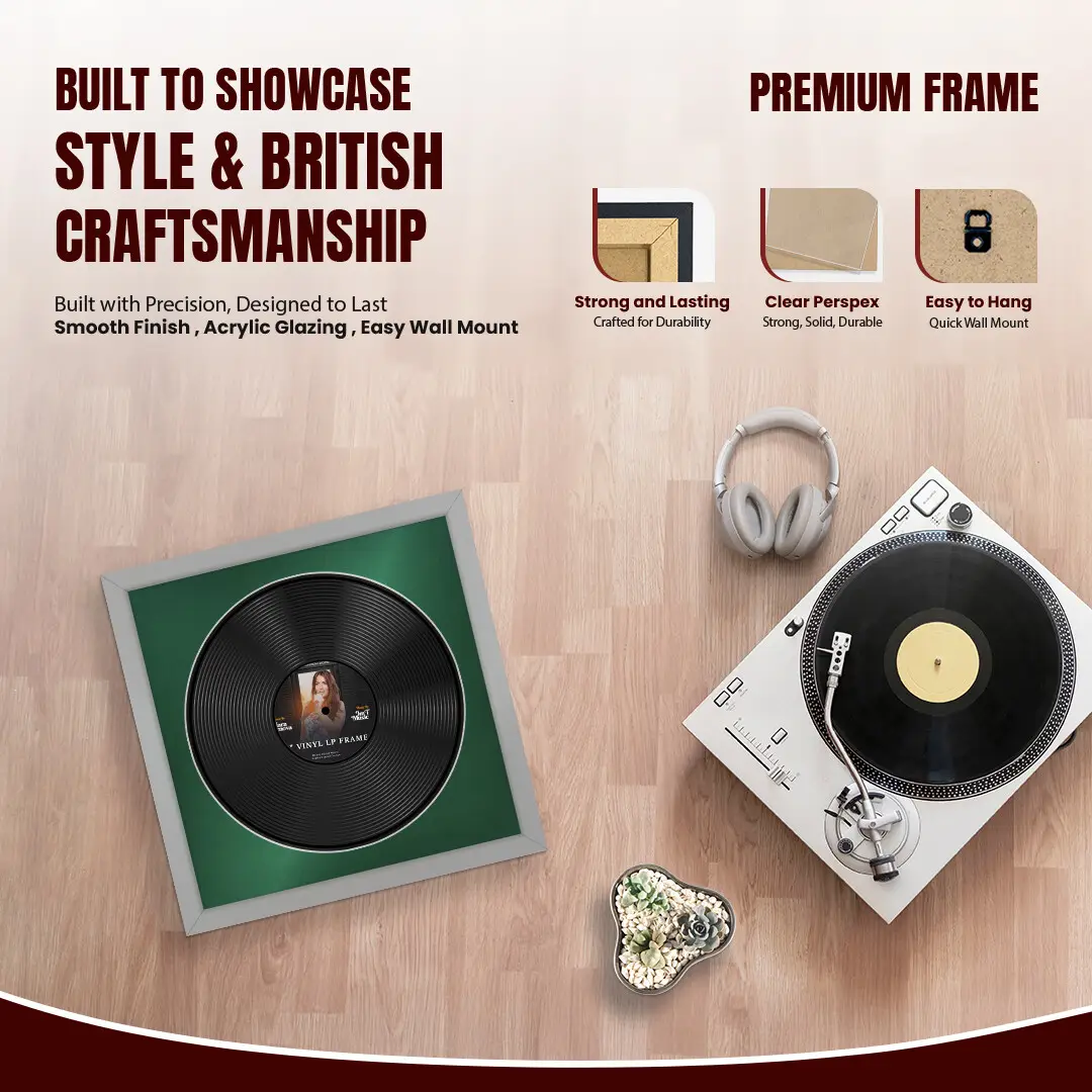 16x16" Modern Light Grey Vinyl Record Frame With Emerald (Green) Mount For 12" LP Discs | Premium Wall Frame For Music Enthusiasts thumbnail 2