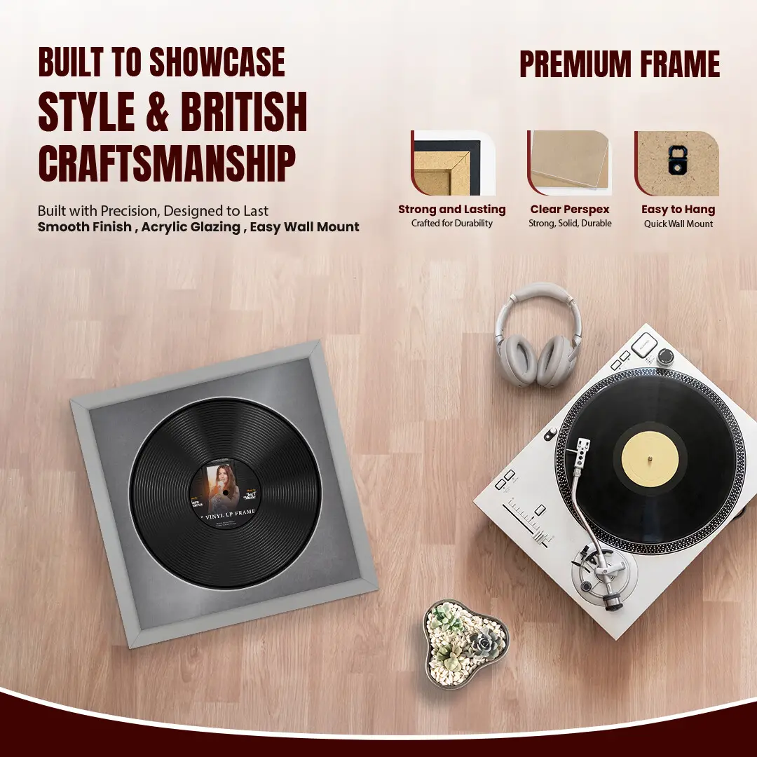 16x16" Modern Light Grey Vinyl Record Frame With Mid Grey Mount For 12" LP Discs | Elegant Frame For Music Lovers thumbnail 2