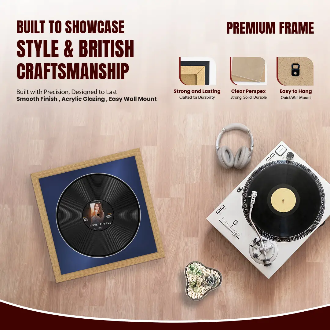 16x16" Modern Light Oak Vinyl Record Frame With Blue Mount For 12" LP Discs | Contemporary Wall Display thumbnail 2