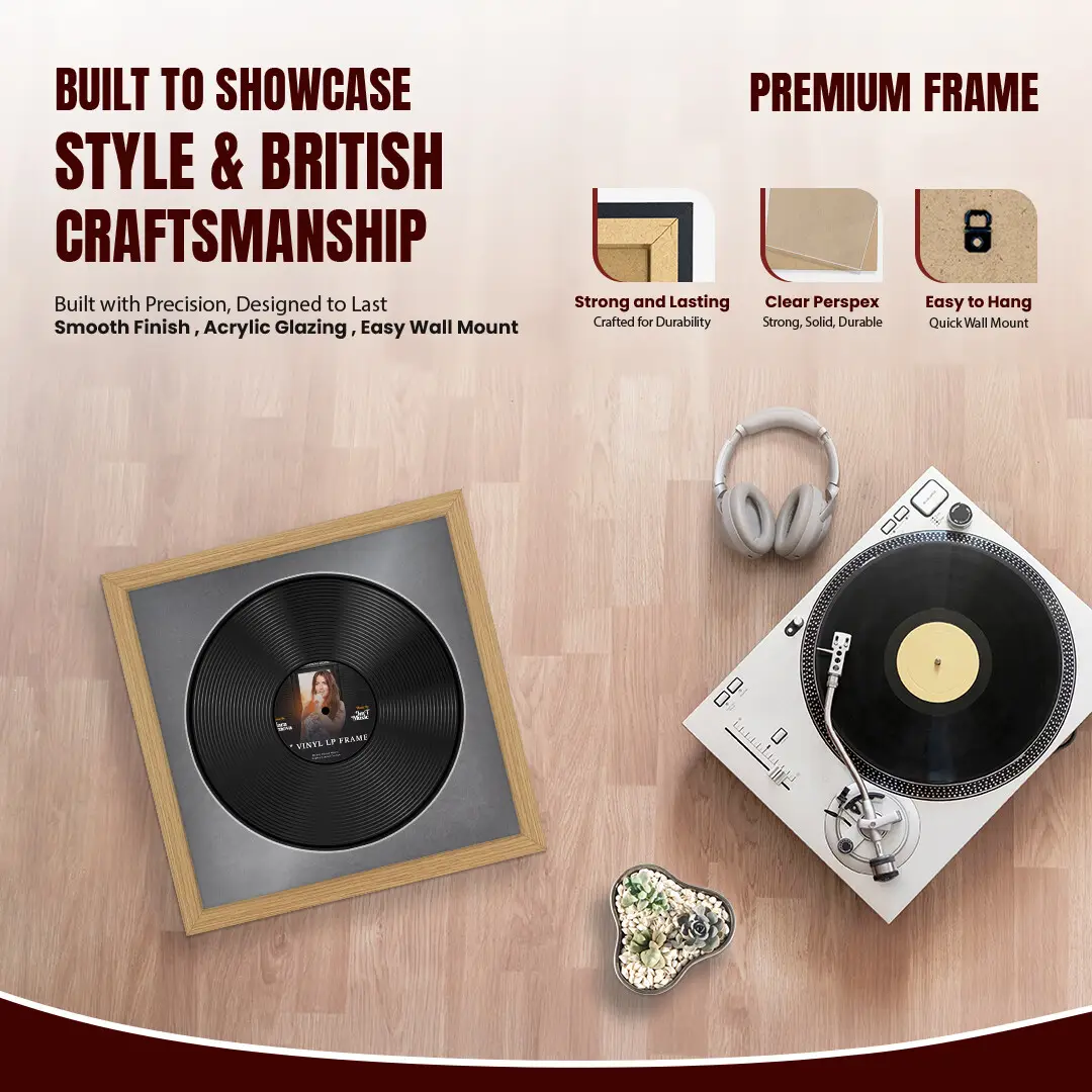 16x16" Modern Light Oak Vinyl Record Frame With Mid Grey Mount For 12" LP Discs | Contemporary Wall Display thumbnail 2