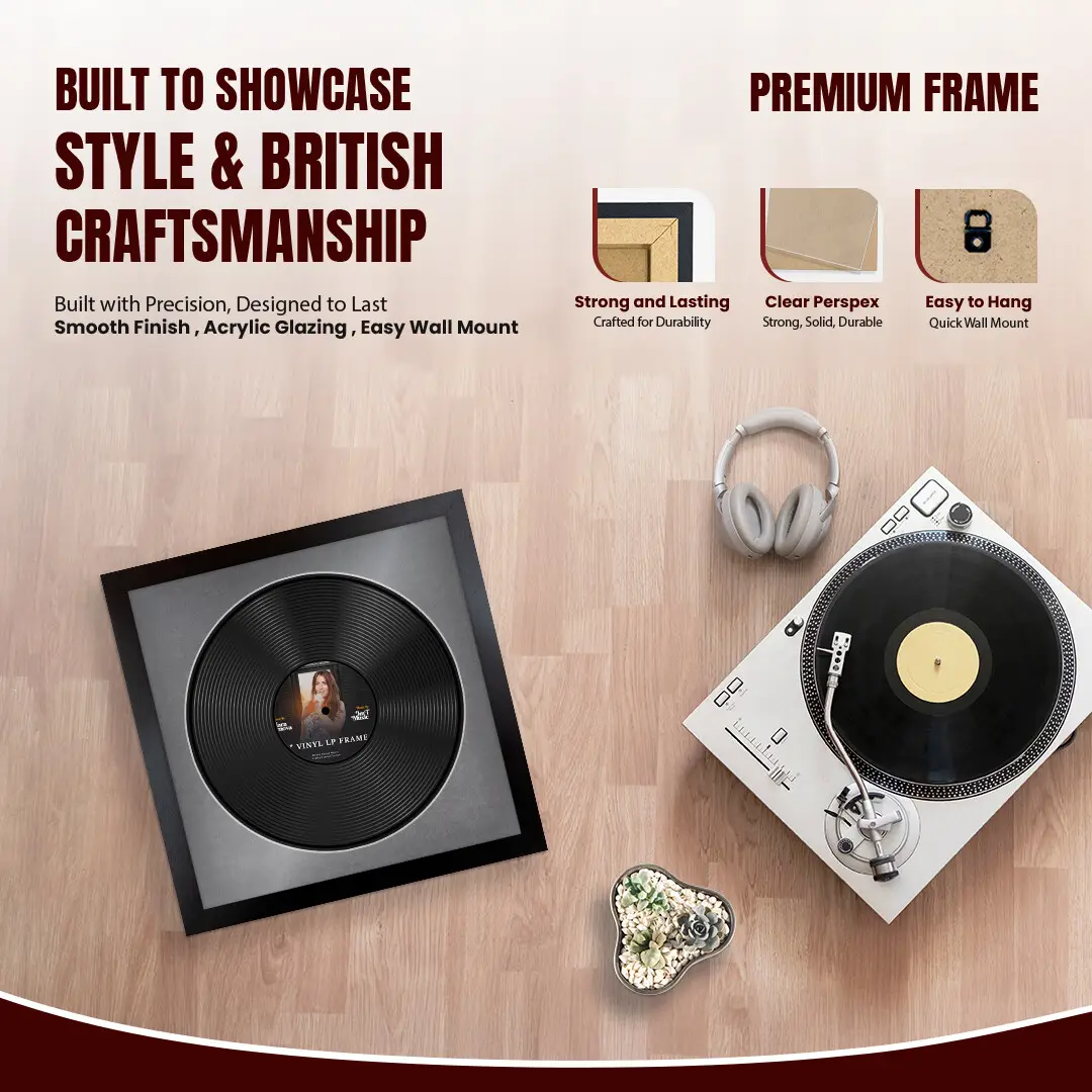 16x16" Modern Matte Black Vinyl Record Frame With Mid Grey Mount For 12" LP Discs | Elegant Frame For Music Lovers thumbnail 2
