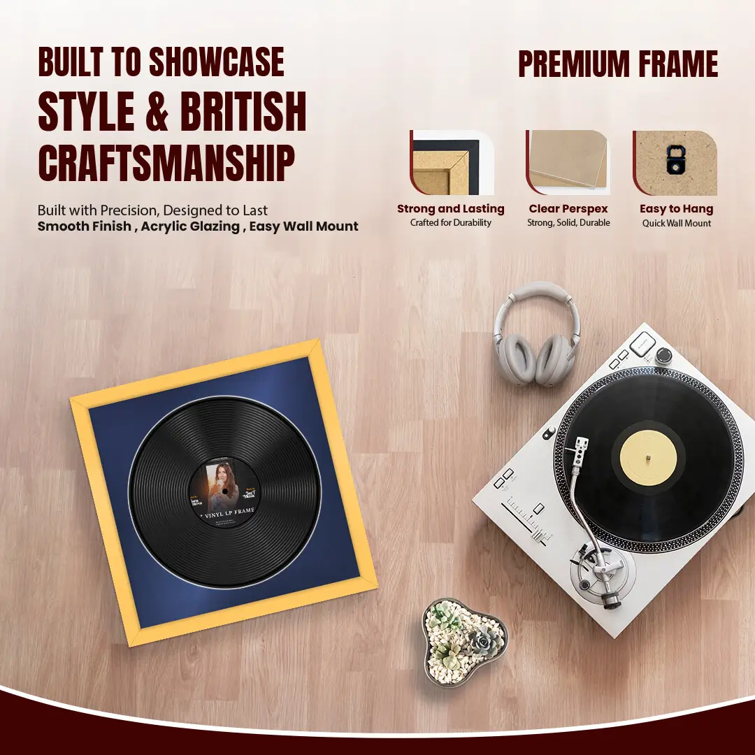 16x16" Modern Mustard Yellow Vinyl Record Frame With Blue Mount For 12" LP Discs | Premium Wall Frame For Music Enthusiasts thumbnail 2