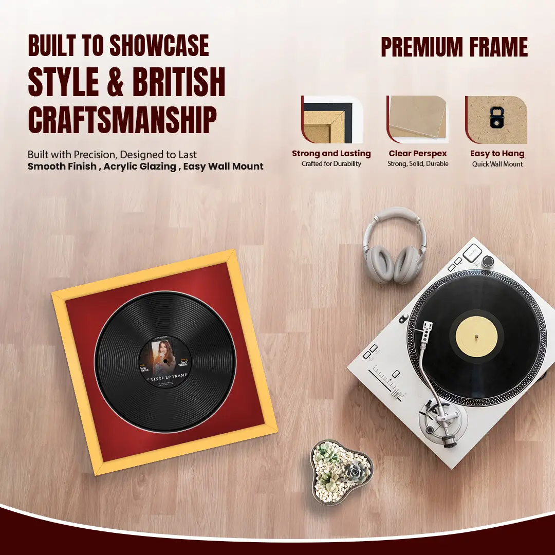 16x16" Modern Mustard Yellow Vinyl Record Frame With Crimson Mount For 12" LP Discs | Elegant Frame For Music Lovers thumbnail 2