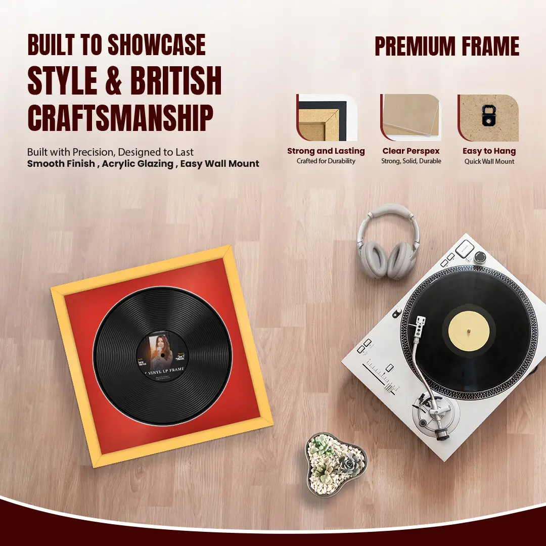 16x16" Modern Mustard Yellow Vinyl Record Frame With Poppy Red Mount For 12" LP Discs | Elegant Frame For Music Lovers thumbnail 2