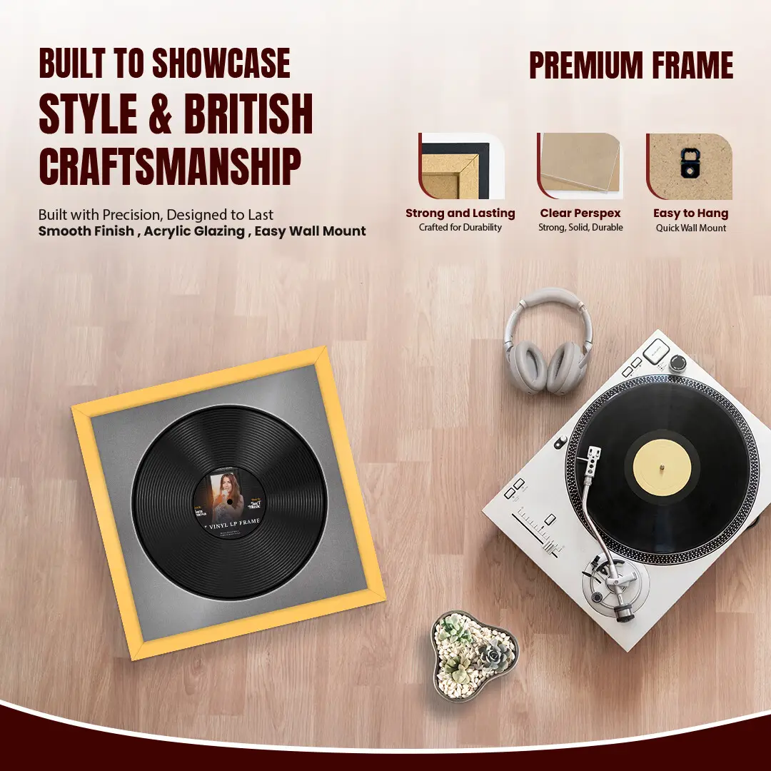 16x16" Modern Mustard Yellow Vinyl Record Frame With Silver Mount For 12" LP Discs | Contemporary Wall Display thumbnail 2