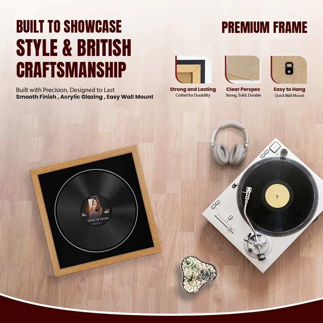16x16" Modern Oak Vinyl Record Frame With Black Mount For 12" LP Discs | Contemporary Wall Display thumbnail 2