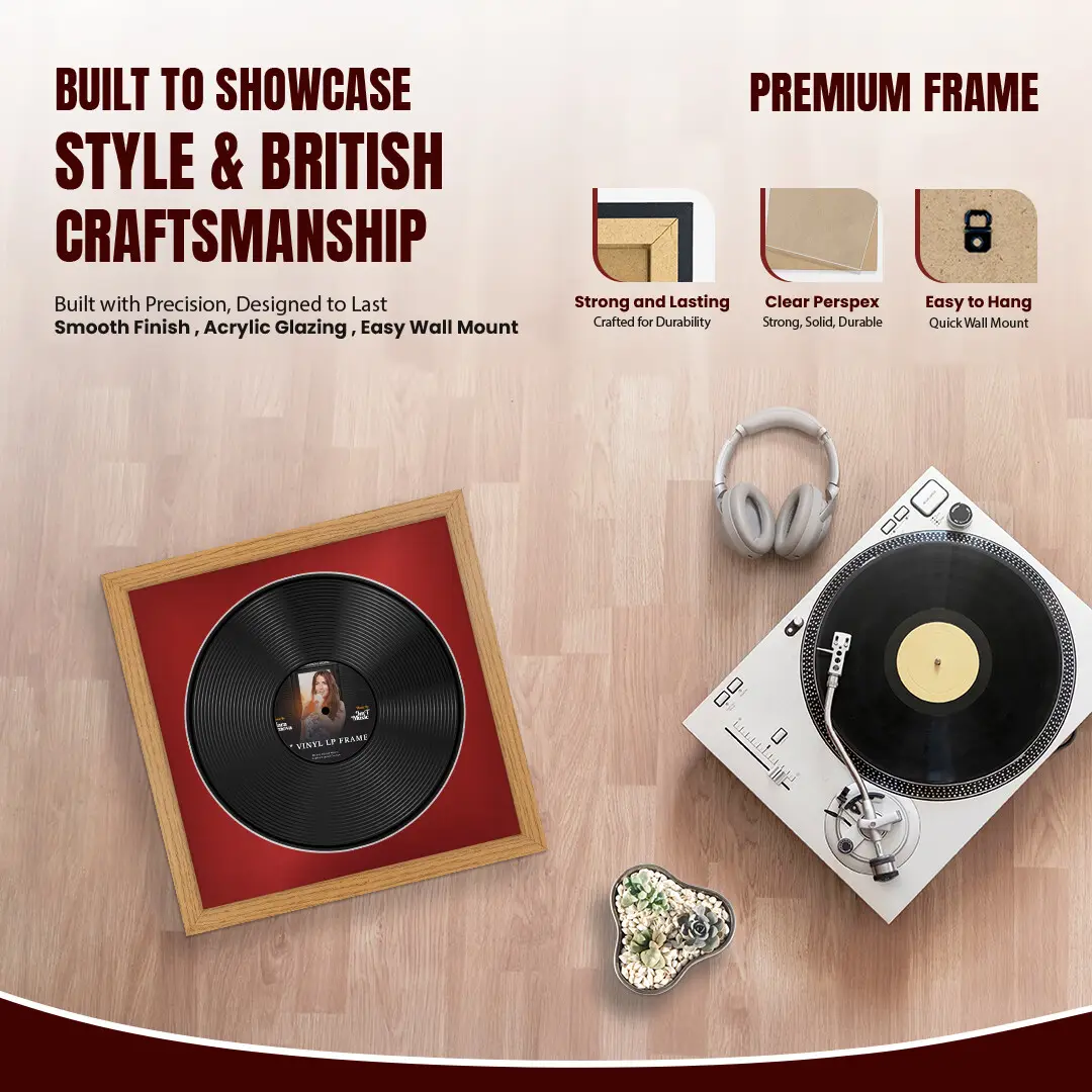 16x16" Modern Oak Vinyl Record Frame With Crimson Mount For 12" LP Discs | Contemporary Wall Display thumbnail 2