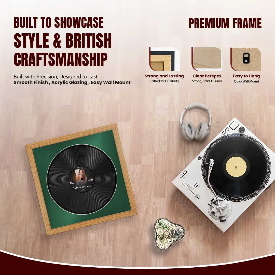 16x16" Modern Oak Vinyl Record Frame With Emerald (Green) Mount For 12" LP Discs | Elegant Frame For Music Lovers thumbnail 2