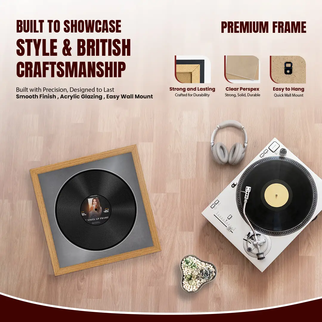 16x16" Modern Oak Vinyl Record Frame With Mid Grey Mount For 12" LP Discs | Premium Wall Frame For Music Enthusiasts thumbnail 2