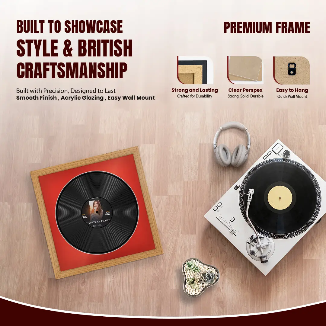 16x16" Modern Oak Vinyl Record Frame With Poppy Red Mount For 12" LP Discs | Premium Wall Frame For Music Enthusiasts thumbnail 2