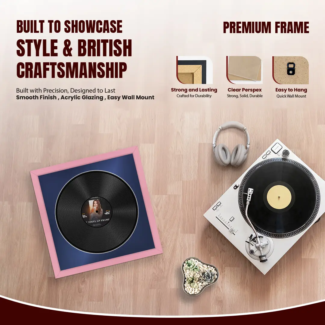 16x16" Modern Pastel Pink Vinyl Record Frame With Blue Mount For 12" LP Discs | Contemporary Wall Display thumbnail 2