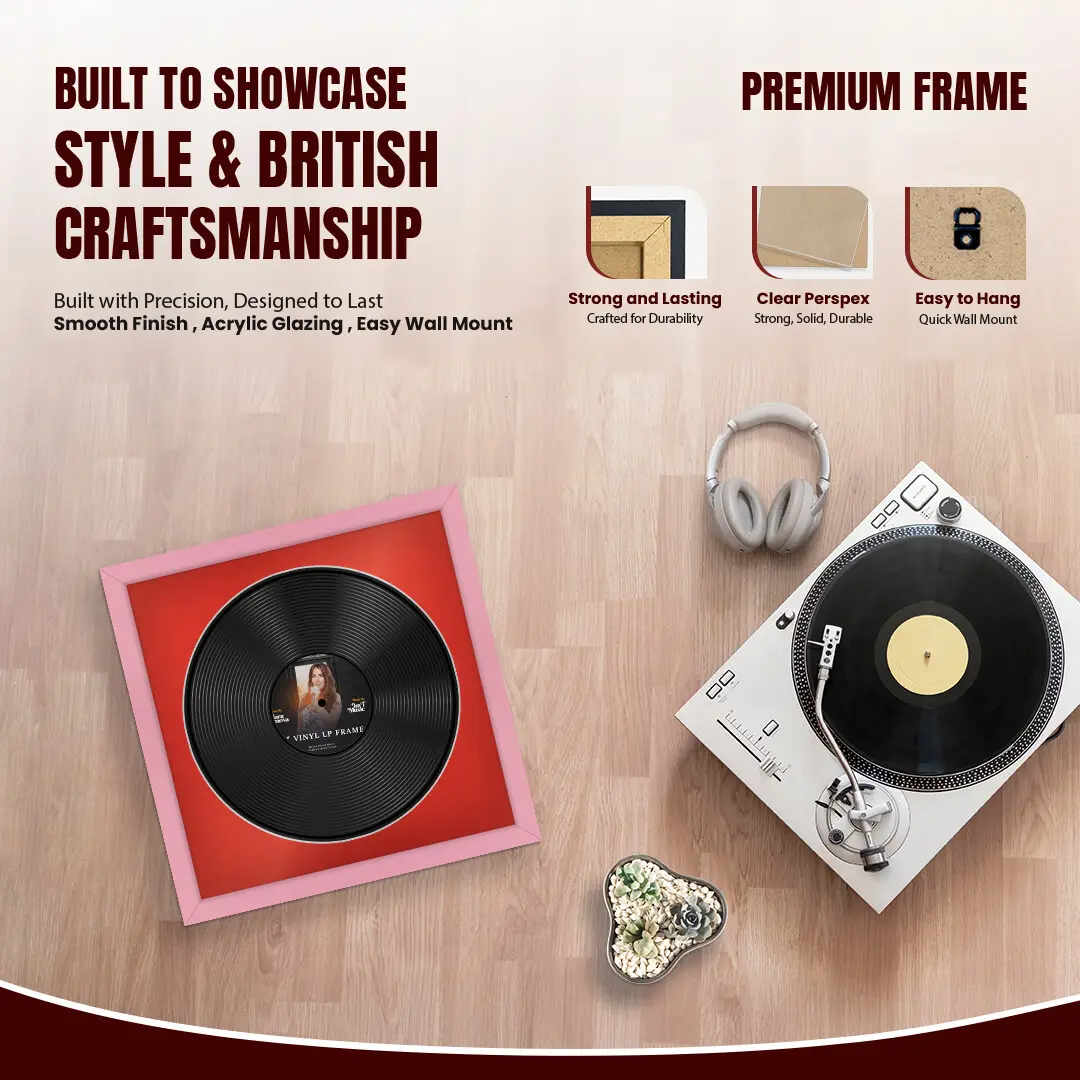 16x16" Modern Pastel Pink Vinyl Record Frame With Poppy Red Mount For 12" LP Discs | Elegant Frame For Music Lovers thumbnail 2
