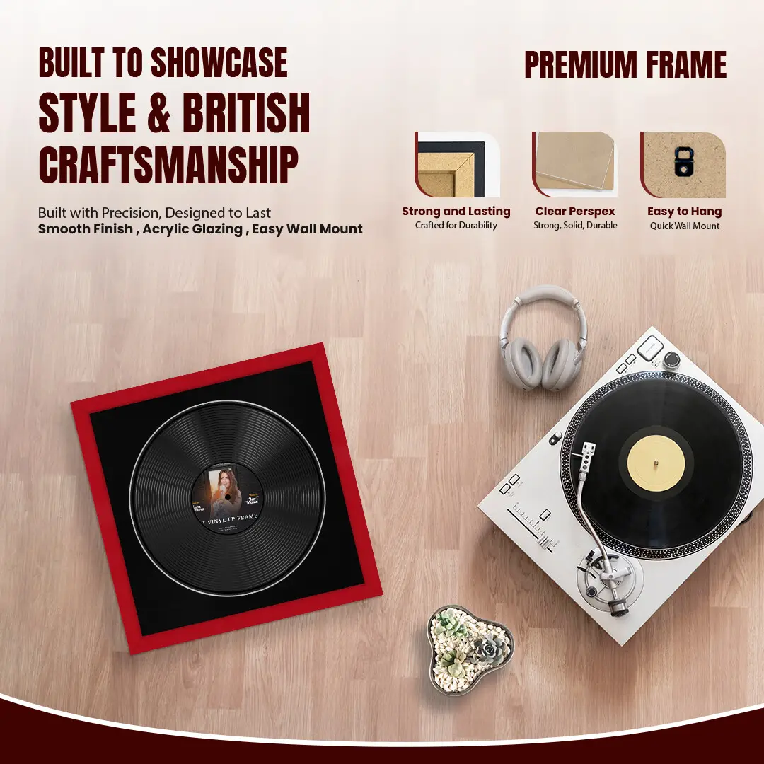 16x16" Modern Red Vinyl Record Frame With Black Mount For 12" LP Discs | Elegant Frame For Music Lovers thumbnail 2