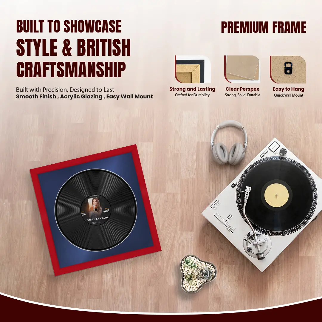 16x16" Modern Red Vinyl Record Frame With Blue Mount For 12" LP Discs | Elegant Frame For Music Lovers thumbnail 2