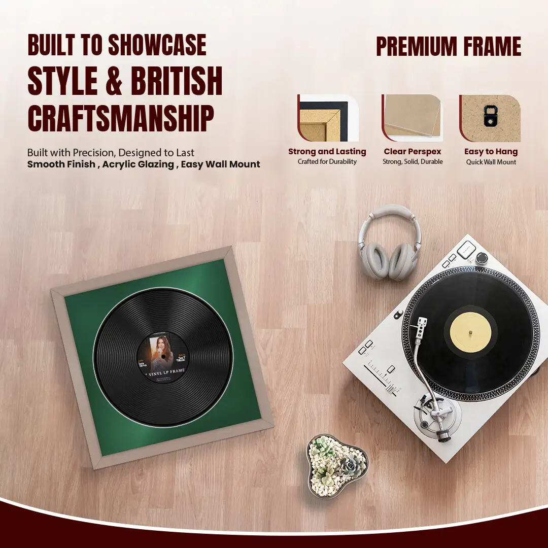 16x16" Modern Rose Gold Vinyl Record Frame With Emerald (Green) Mount For 12" LP Discs | Premium Wall Frame For Music Enthusiasts thumbnail 2