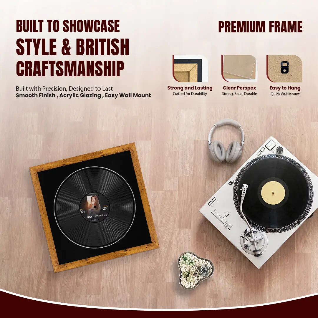 16x16" Modern Rustic Oak Vinyl Record Frame With Black Mount For 12" LP Discs | Premium Wall Frame For Music Enthusiasts thumbnail 2
