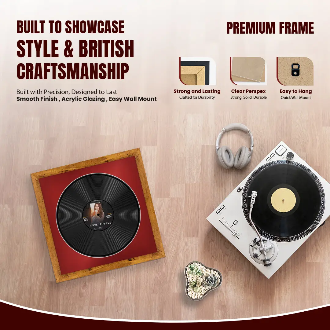 16x16" Modern Rustic Oak Vinyl Record Frame With Crimson Mount For 12" LP Discs | Premium Wall Frame For Music Enthusiasts thumbnail 2