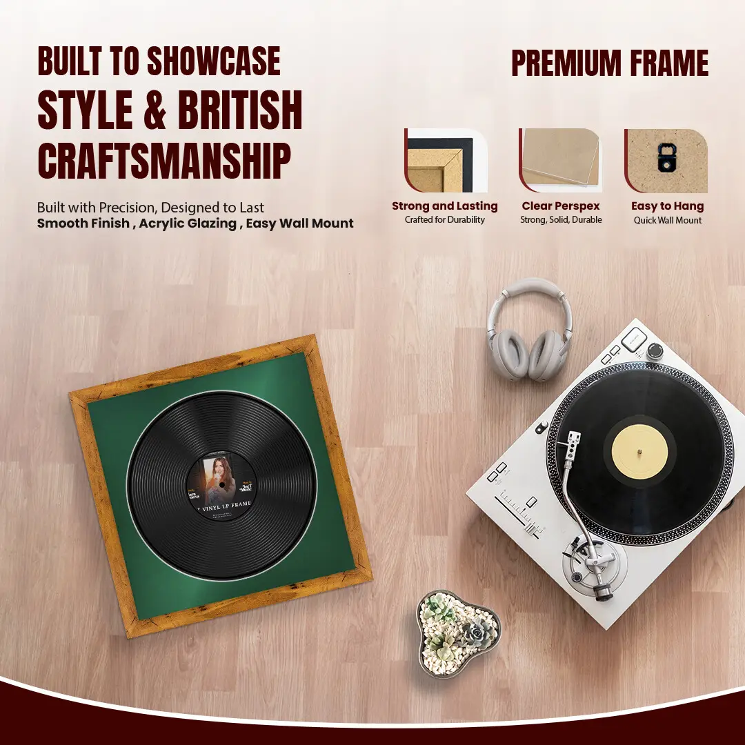 16x16" Modern Rustic Oak Vinyl Record Frame With Emerald (Green) Mount For 12" LP Discs | Contemporary Wall Display thumbnail 2
