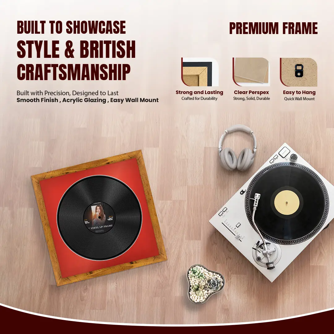 16x16" Modern Rustic Oak Vinyl Record Frame With Poppy Red Mount For 12" LP Discs | Elegant Frame For Music Lovers thumbnail 2