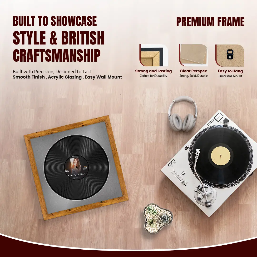 16x16" Modern Rustic Oak Vinyl Record Frame With Silver Mount For 12" LP Discs | Contemporary Wall Display thumbnail 2
