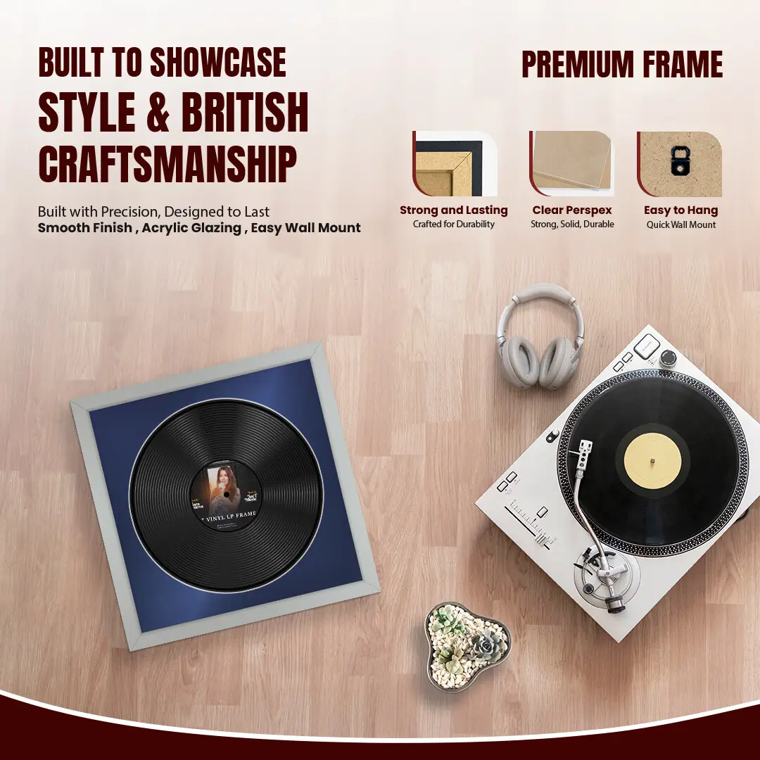 16x16" Modern Silver Vinyl Record Frame With Blue Mount For 12" LP Discs | Contemporary Wall Display thumbnail 2